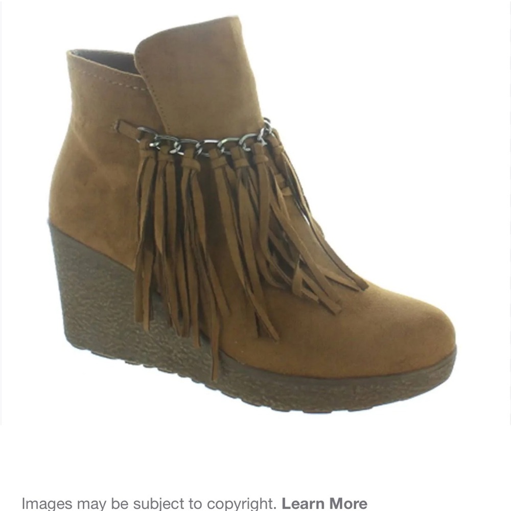 Fringe Suede Wedge Booties - Tan